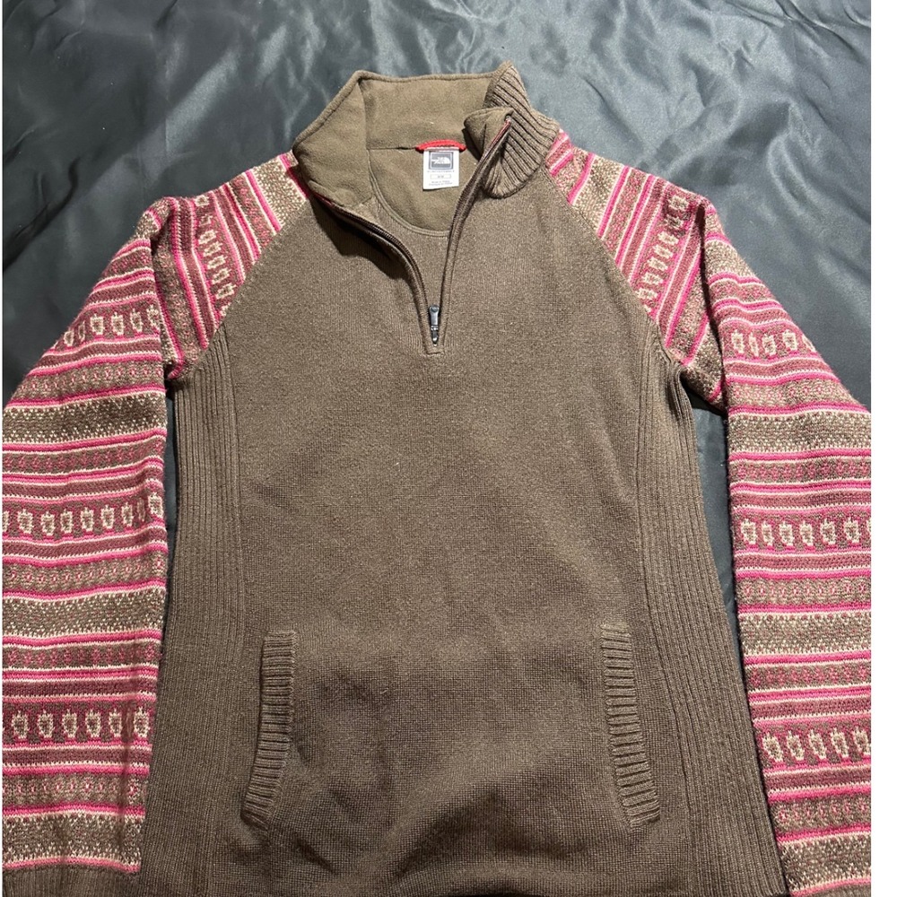 The North Face Womens Brown Fair Isle Quarter Zip Sweater Pink Pattern Medium